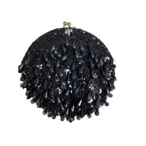 Vtg Beaded Round Handbag Clutch Black Mini Purse Formal Flapper Kiss lock Sequin